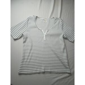 Pact Organic Cotton Stripped Ribbed Women V Neck Henley Short sleeve Size XL